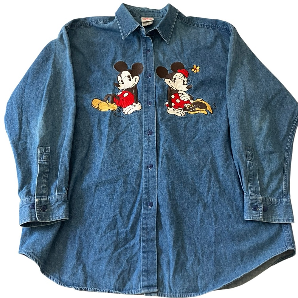 Vintage Disney Women Denim Shirt XL Denim Sultry Gaze Mickey Minnie Embroidered